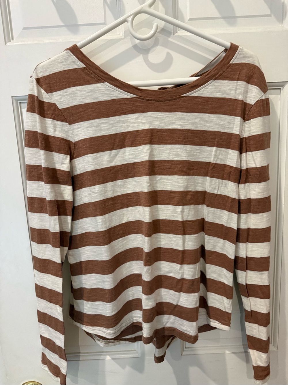Pact Women's Brown and White Striped Long-Sleeve Tee